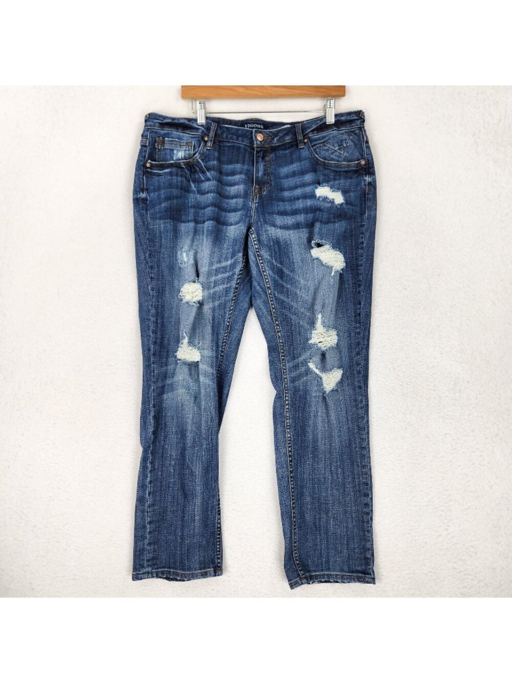 Vigoss Jeans Womens 16 Blue  Thompson Tomboy Mid Rise Straight Distressed Denim